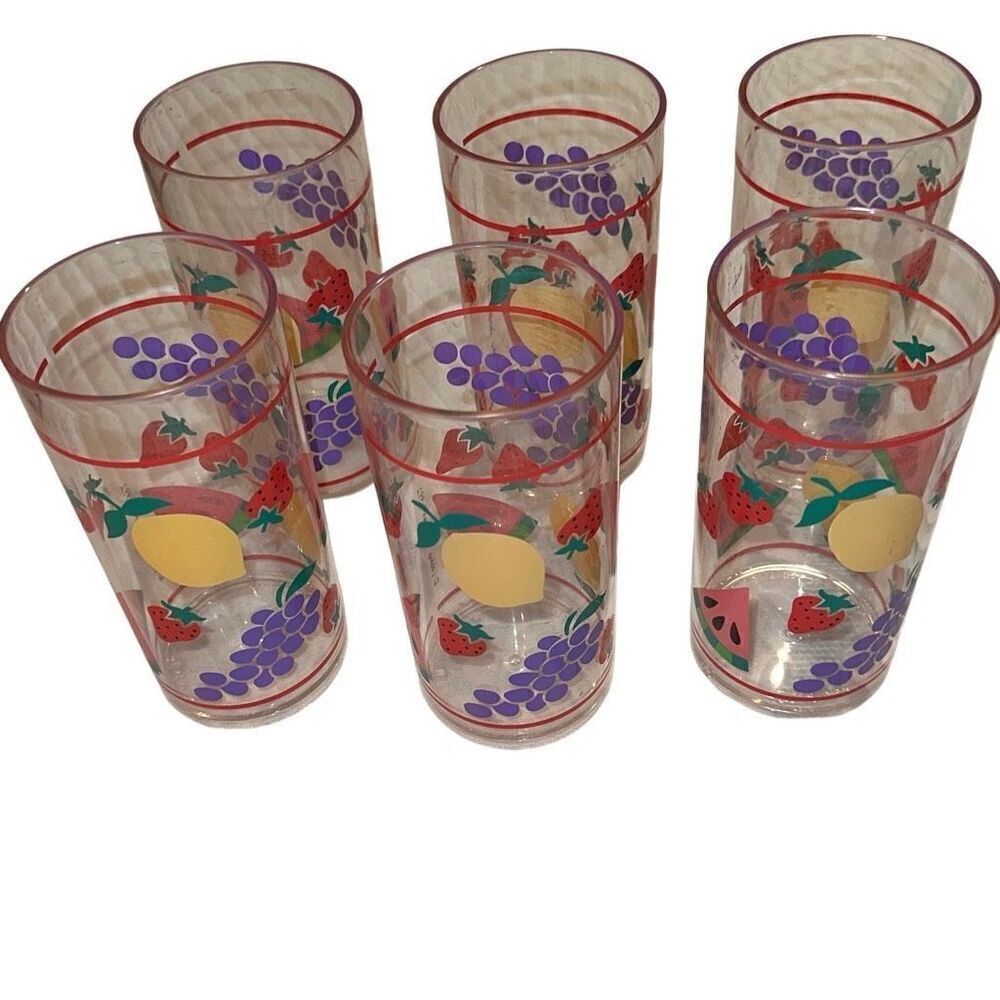 Leahy Designs Multicolor Fruits Tall Plastic Drinking Glasses Set of 6